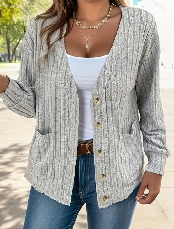Women's loose fit V-neck long sleeve button front cardigan in light gray, available in sizes S to 5XL