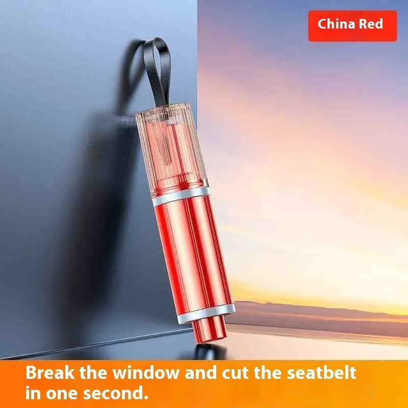 Black and red ABS plastic car safety life hammer with window breaker tip and seatbelt cutter.
