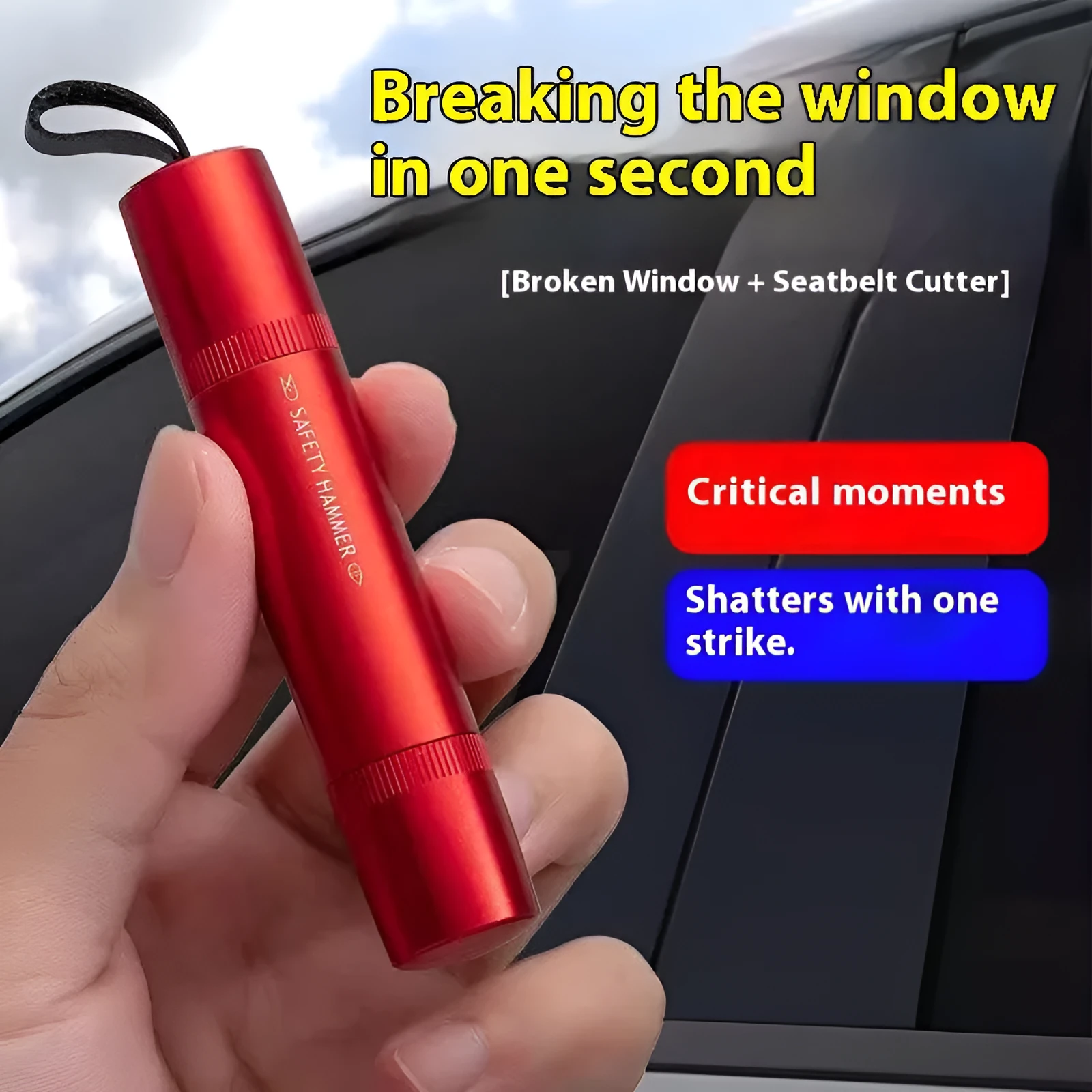 Black and red ABS plastic car safety life hammer with window breaker tip and seatbelt cutter.