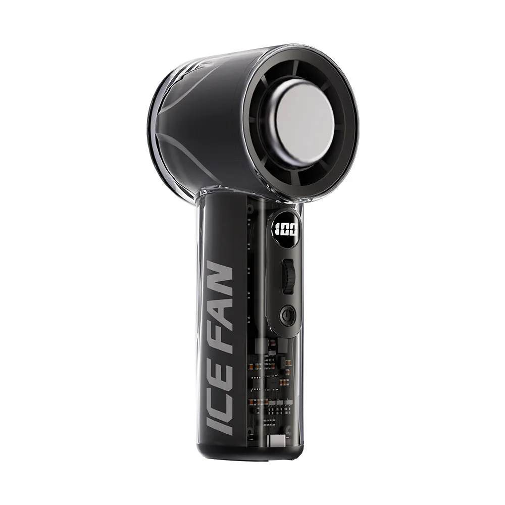 Handheld cooling fan with ice compress function in black, white, or yellow colours