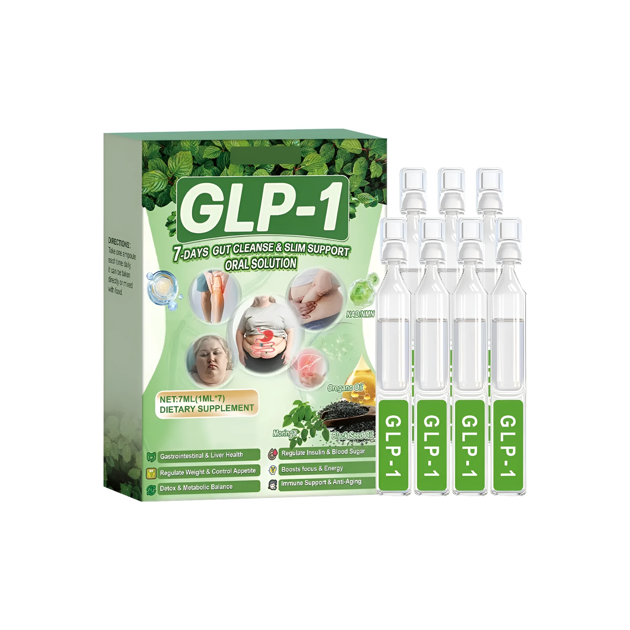 Gut Support Oral Solution 7ml pack showing 7 individual 1ml sachets for dietary supplement use