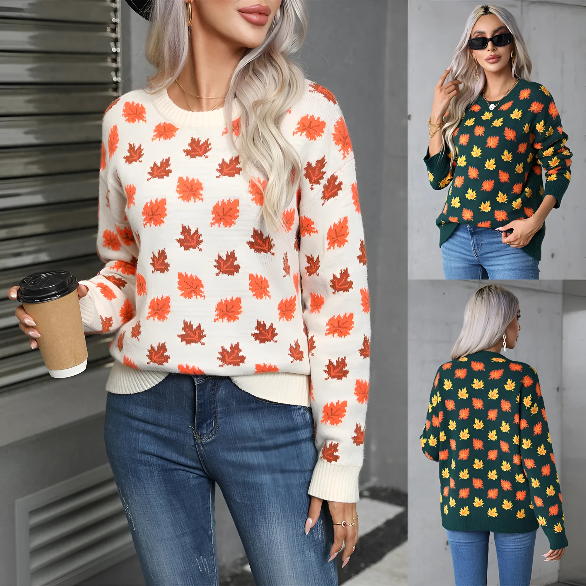 Maple leaf Christmas round neck pullover sweater in loose street fashion style
