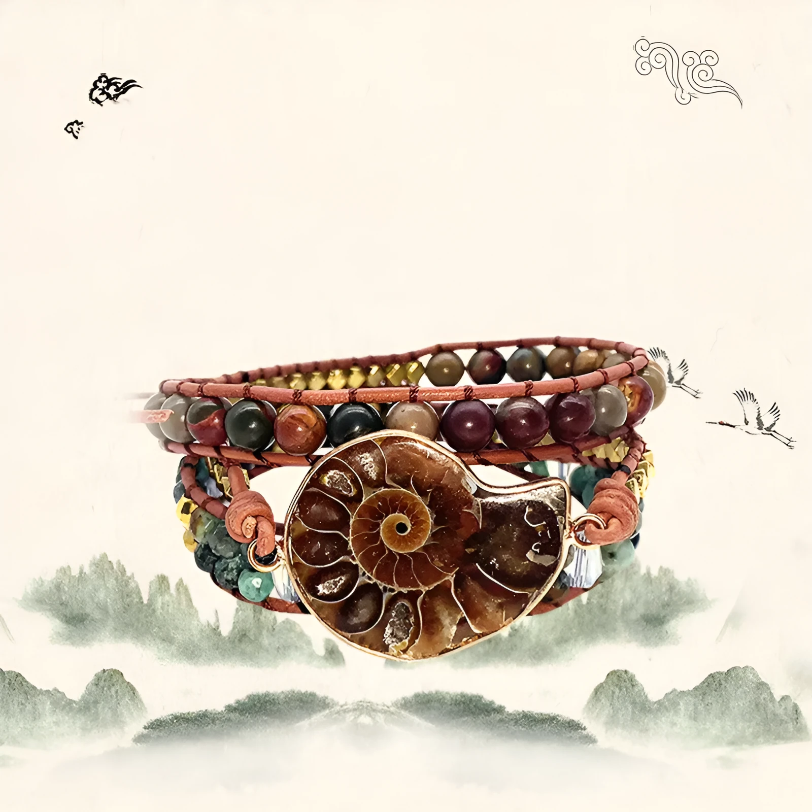 Natural stone bohemian conch bracelet in picture colour on a light background