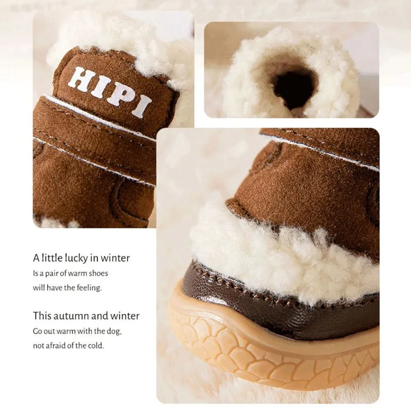 Brown winter dog shoes with adjustable Velcro straps and anti-slip rubber soles on a snowy surface