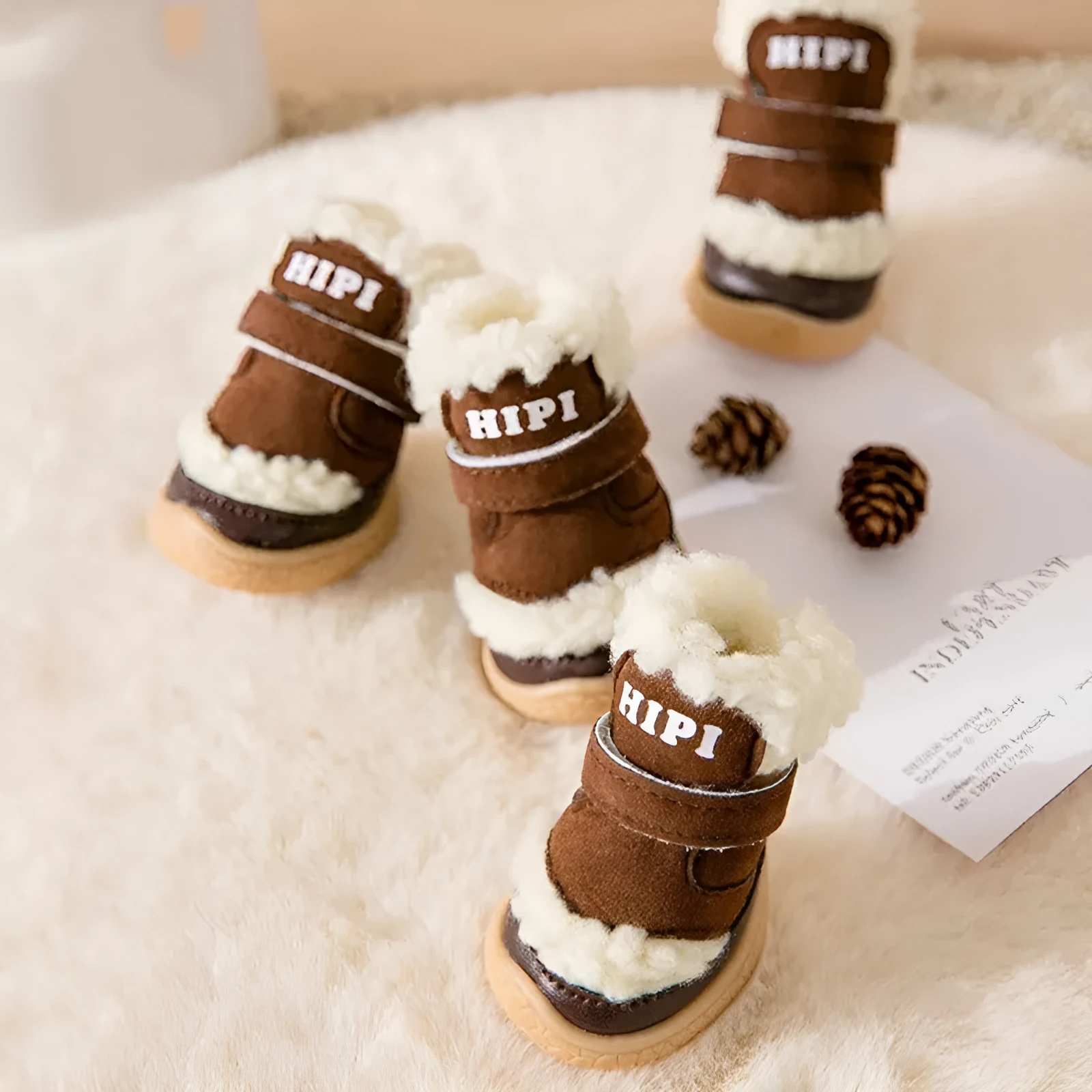 Brown winter dog shoes with adjustable Velcro straps and anti-slip rubber soles on a snowy surface