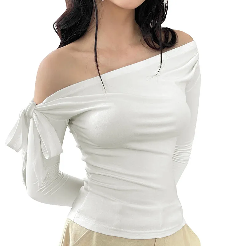 Women's pleated one-shoulder twisted knot tie asymmetric long sleeve T-shirt solid colour slim fit