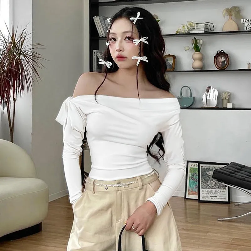 Women's pleated one-shoulder twisted knot tie asymmetric long sleeve T-shirt solid colour slim fit