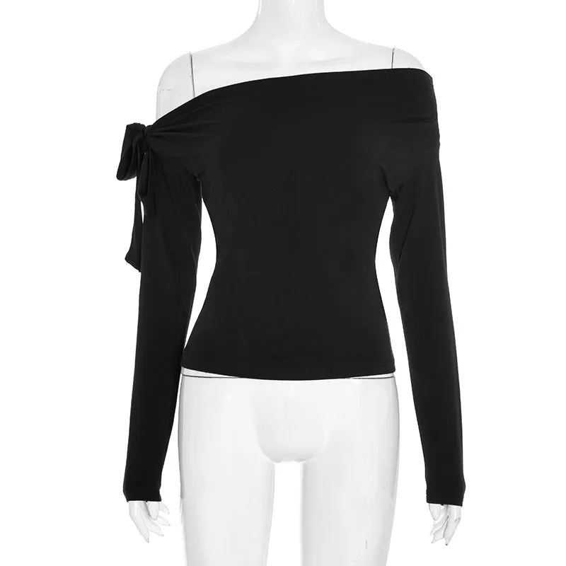 Women's pleated one-shoulder twisted knot tie asymmetric long sleeve T-shirt solid colour slim fit