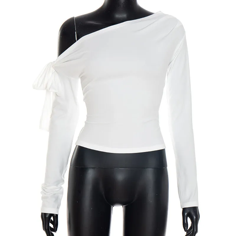Women's pleated one-shoulder twisted knot tie asymmetric long sleeve T-shirt solid colour slim fit