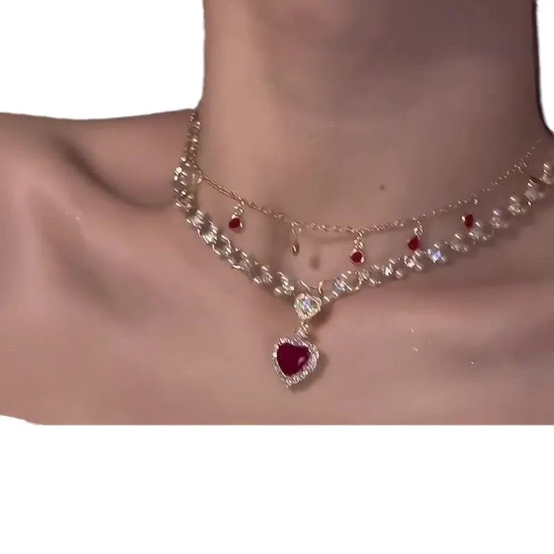 Red love heart pendant on twin layer alloy necklace with adjustable 41-50cm chain