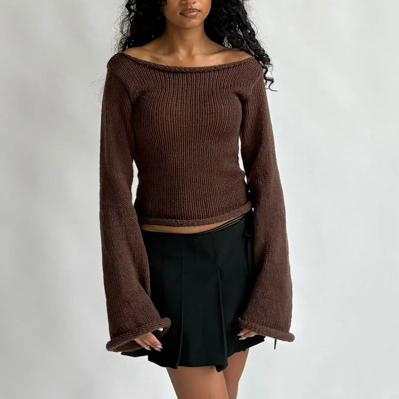 New solid colour slim-fit bell sleeve t-shirt with boat neck in burgundy, front view on model