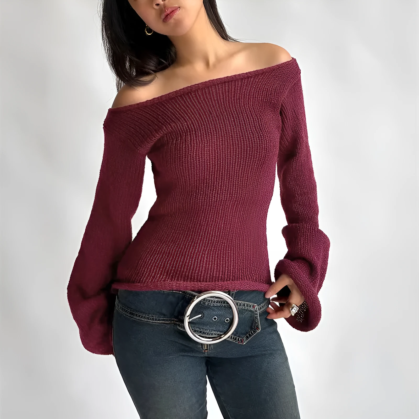 New solid colour slim-fit bell sleeve t-shirt with boat neck in burgundy, front view on model