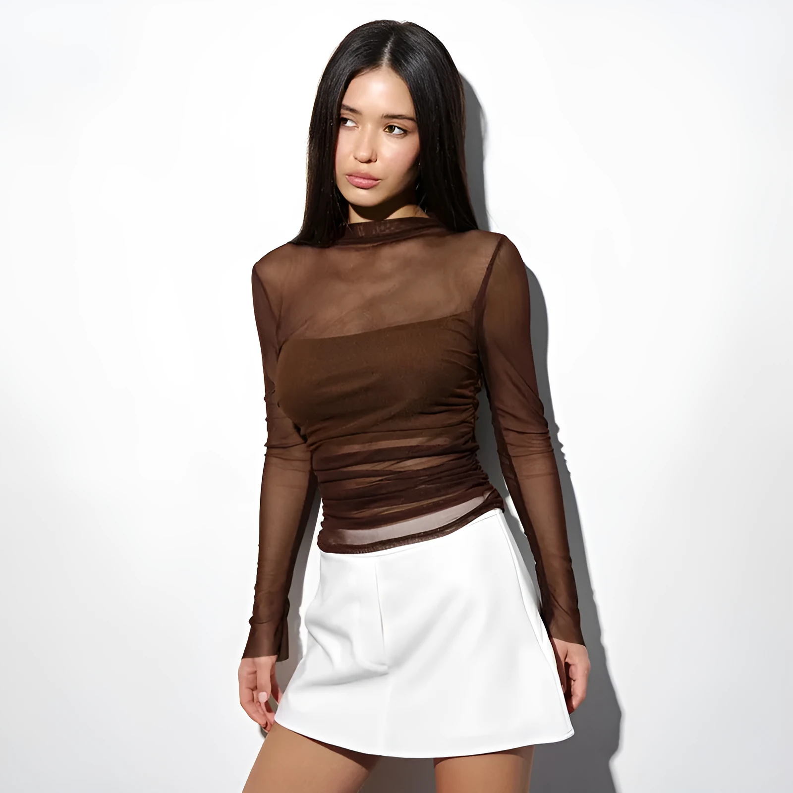 New round-neck pullover sheer mesh bustier spliced top in brown with long sleeves