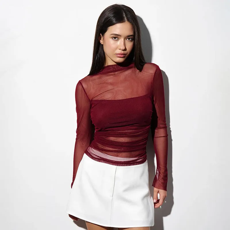 New round-neck pullover sheer mesh bustier spliced top in brown with long sleeves