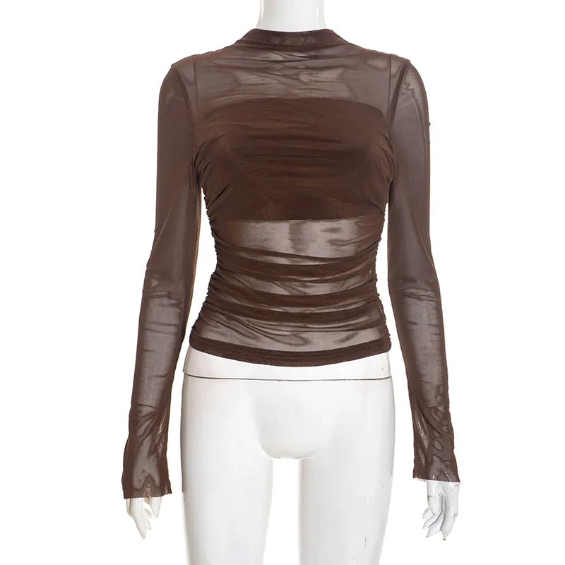 New round-neck pullover sheer mesh bustier spliced top in brown with long sleeves