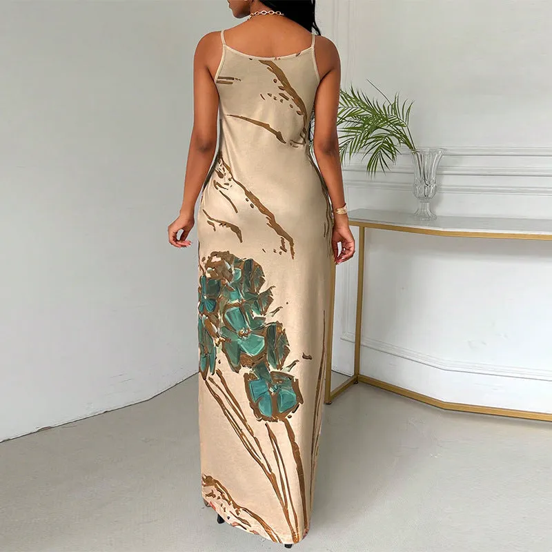 Khaki strapless dress with butterfly print, mid-rise waist, mid-length skirt, sleeveless, milk silk fabric