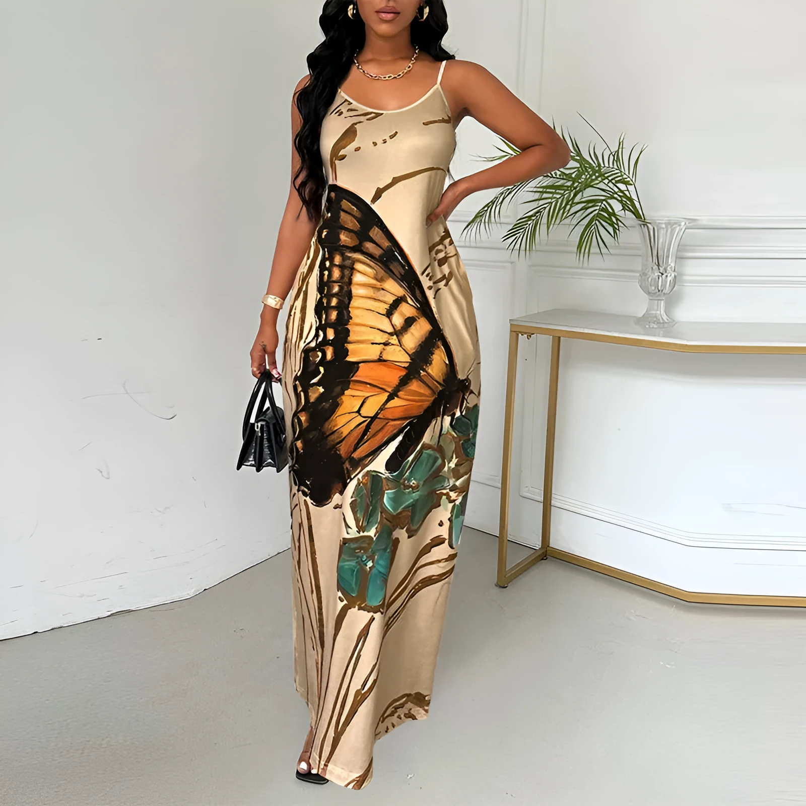 Khaki strapless dress with butterfly print, mid-rise waist, mid-length skirt, sleeveless, milk silk fabric