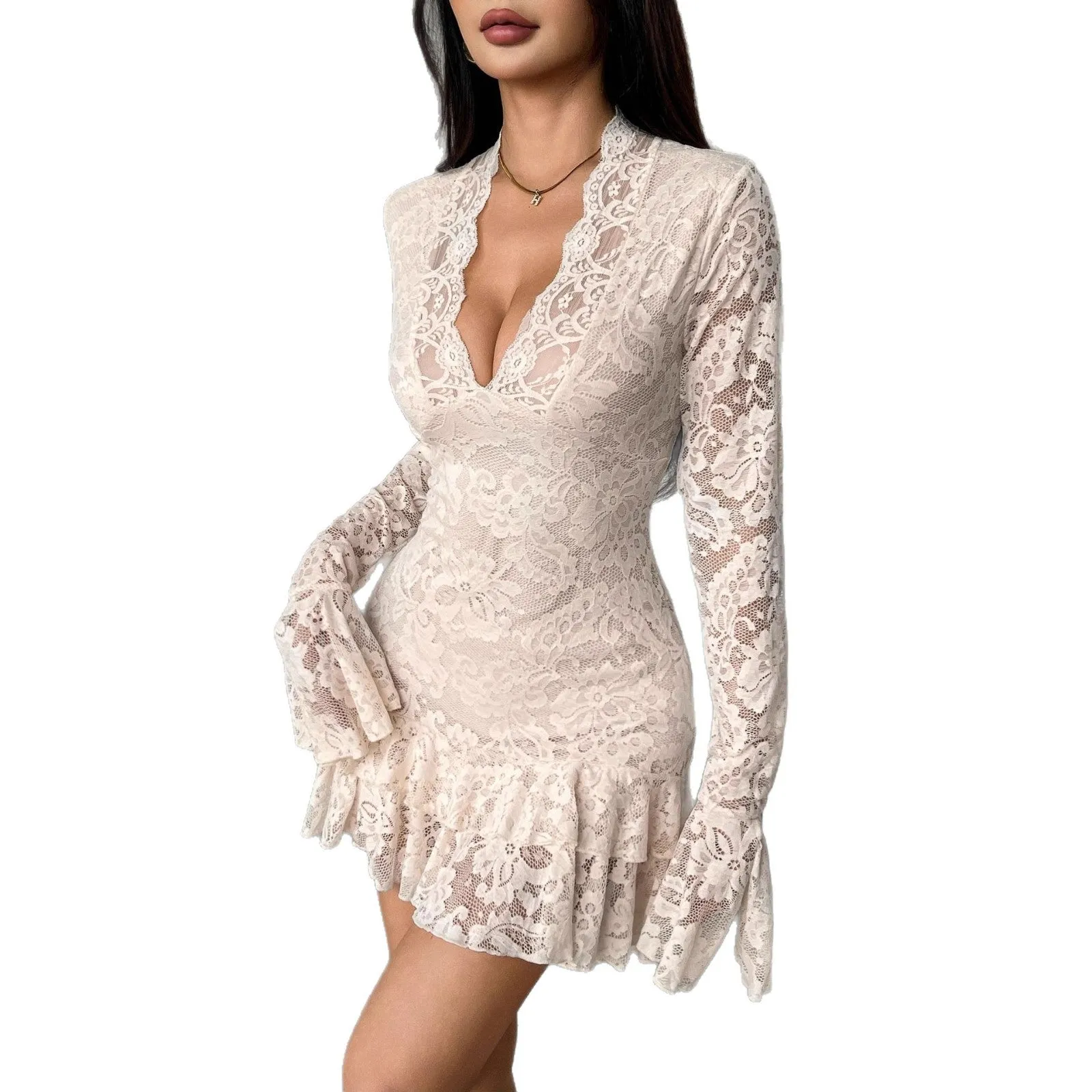 Apricot lace V-neck double-layer ruffled slim-fit mermaid dress with floral pattern and flared sleeves