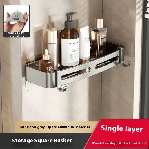Gun grey wall-mounted corner bathroom storage rack with a single shelf, shown in a shower.