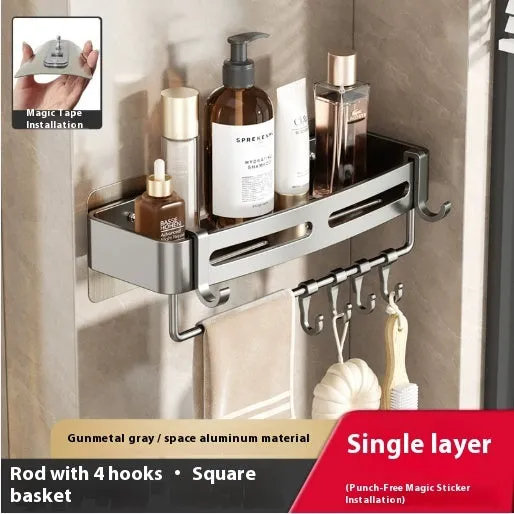Gun grey wall-mounted corner bathroom storage rack with a single shelf, shown in a shower.
