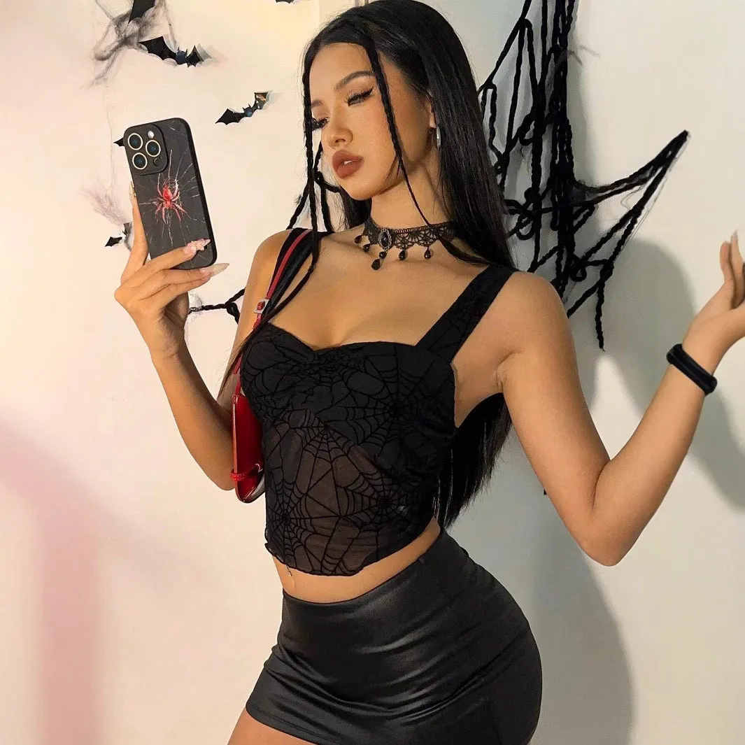 Black spider web mesh see-through sleeveless vest on female model, slim fit, short length, geometric pattern