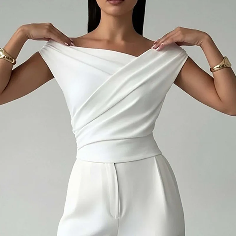 Colour-blocked asymmetric shoulder ruffled hem slim-fit polyester top for women in black with white panels
