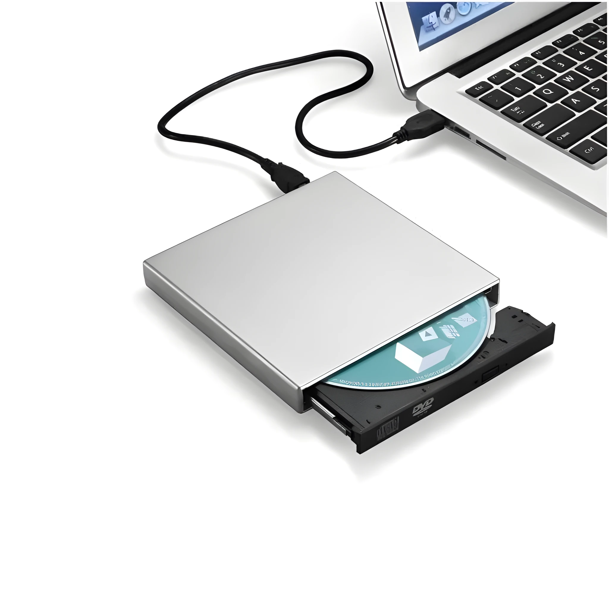 Silver external DVD burner portable optical drive USB interface compact 138x137.5x18mm