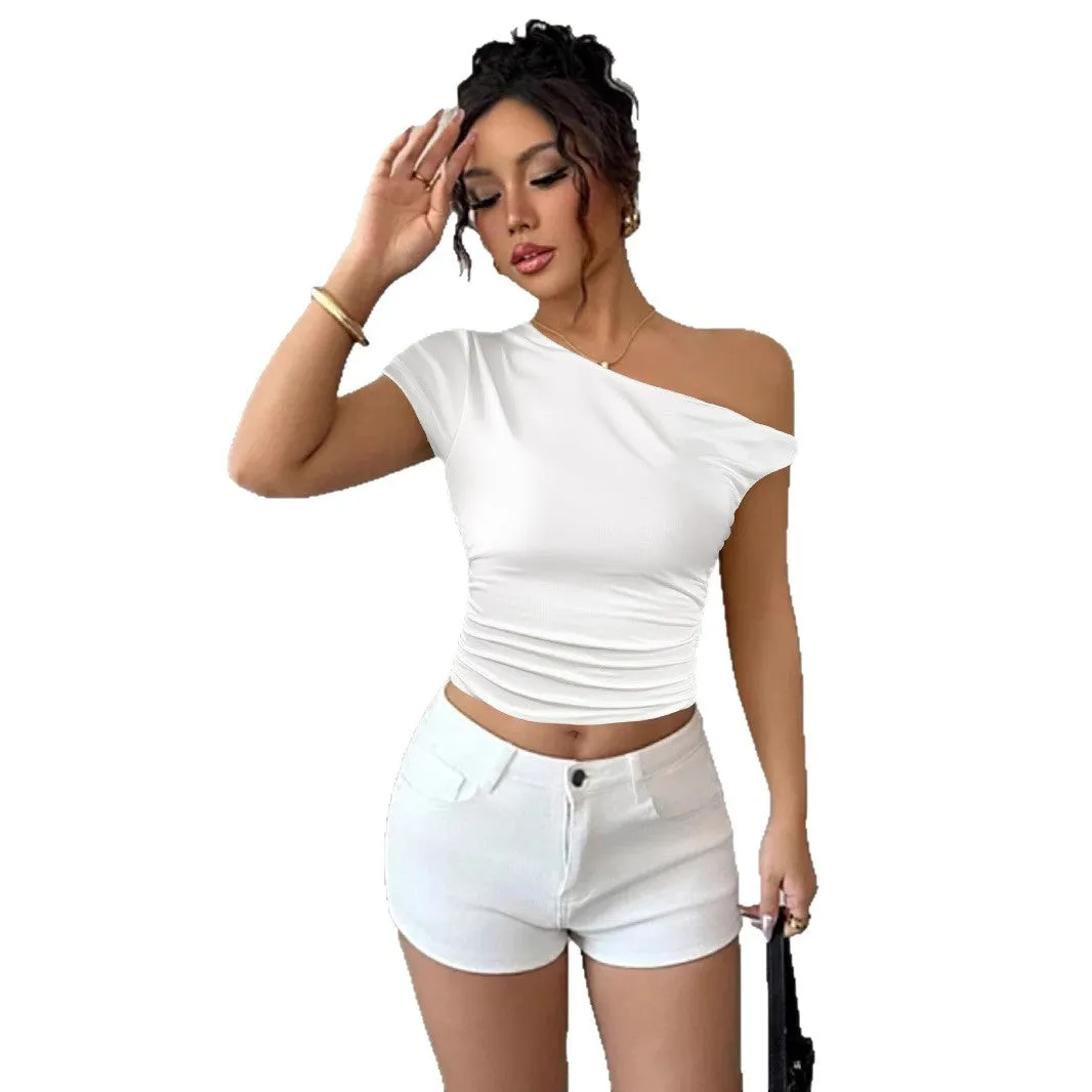 Women's white polyester slim fit top with oblique shoulder neckline and raglan sleeves