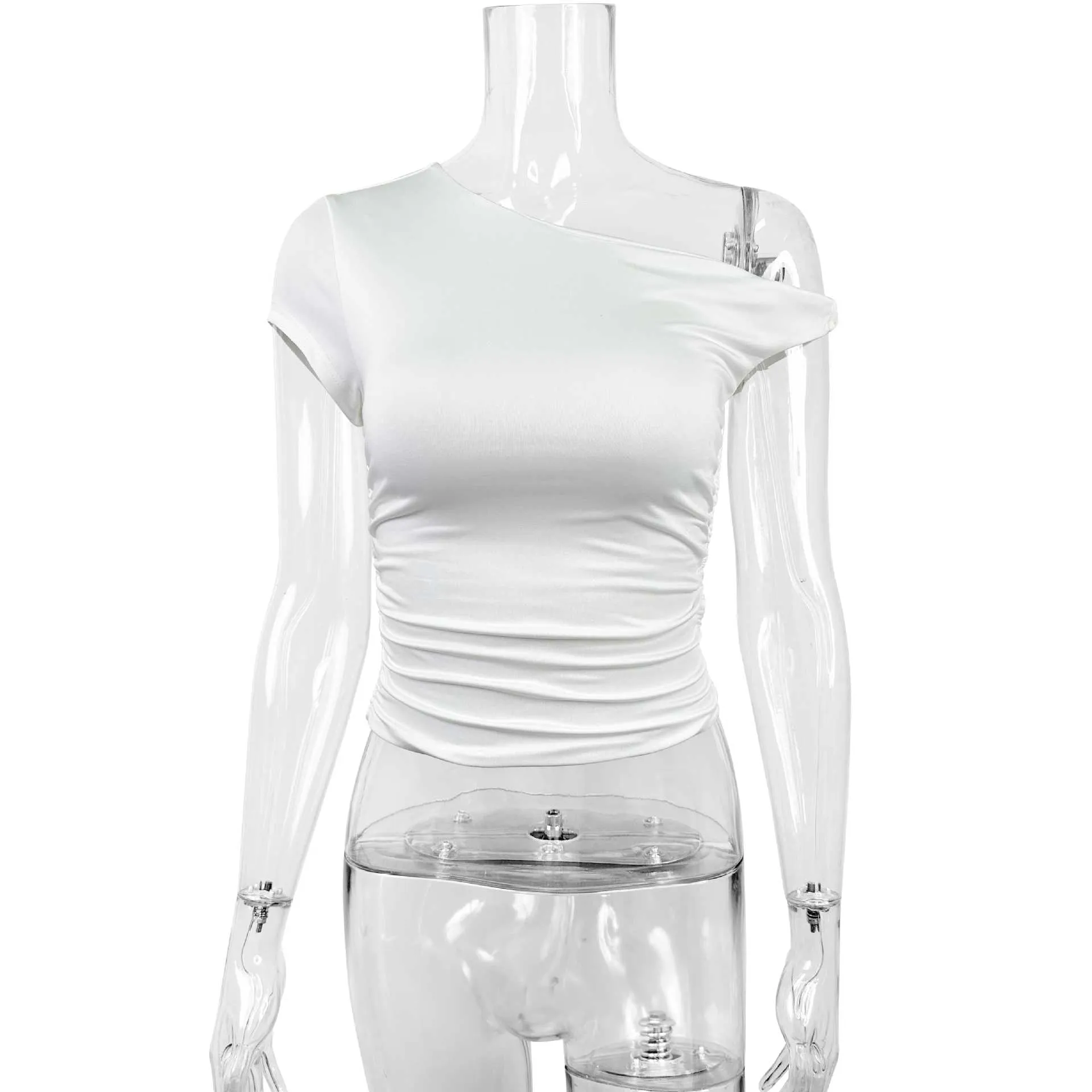 Women's white polyester slim fit top with oblique shoulder neckline and raglan sleeves