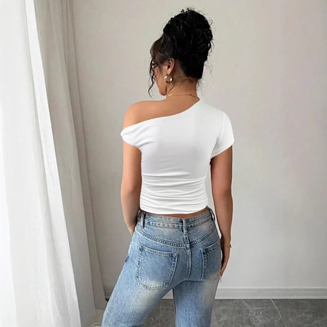 Women's white polyester slim fit top with oblique shoulder neckline and raglan sleeves