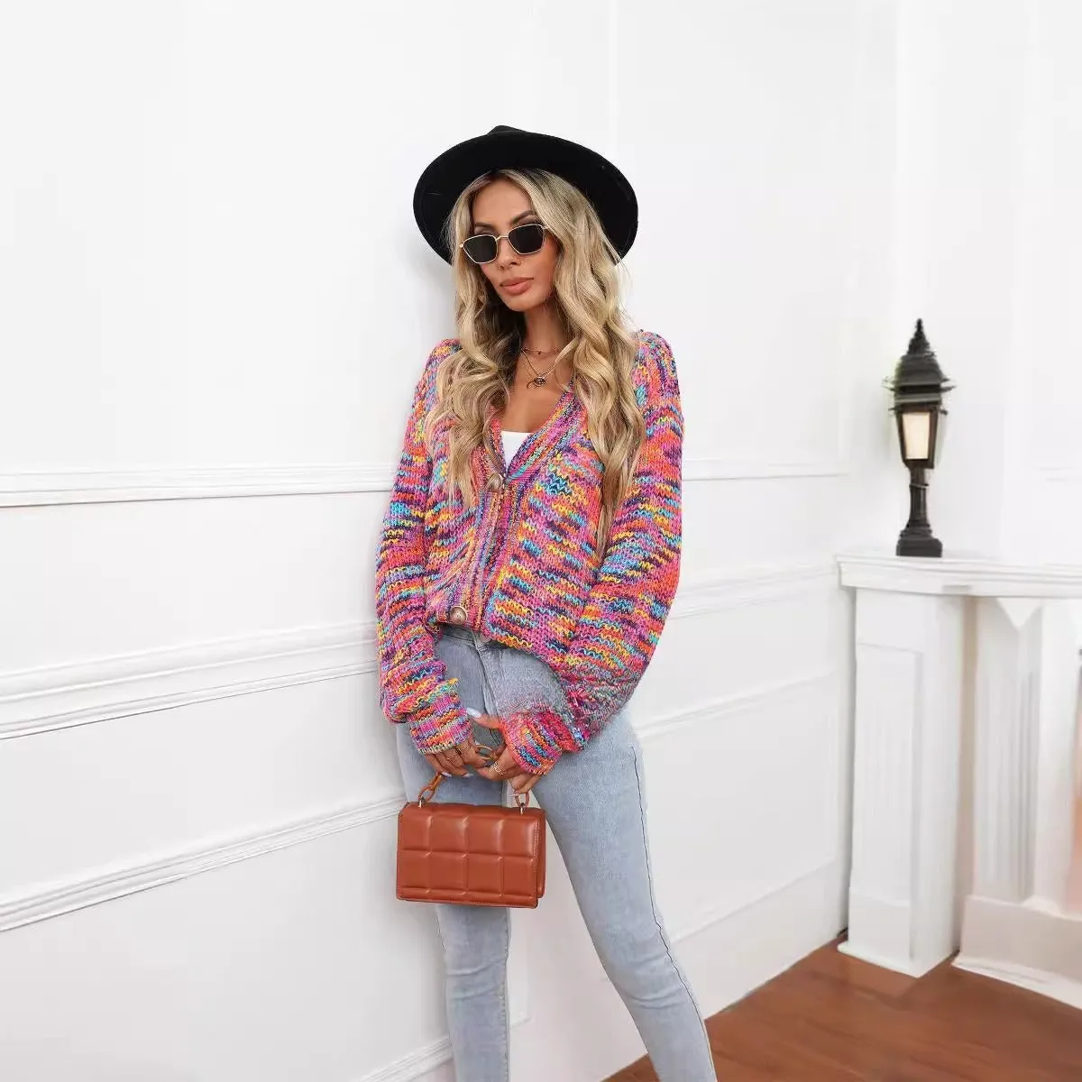 Rose red rainbow striped loose cardigan knitted coat shown on model