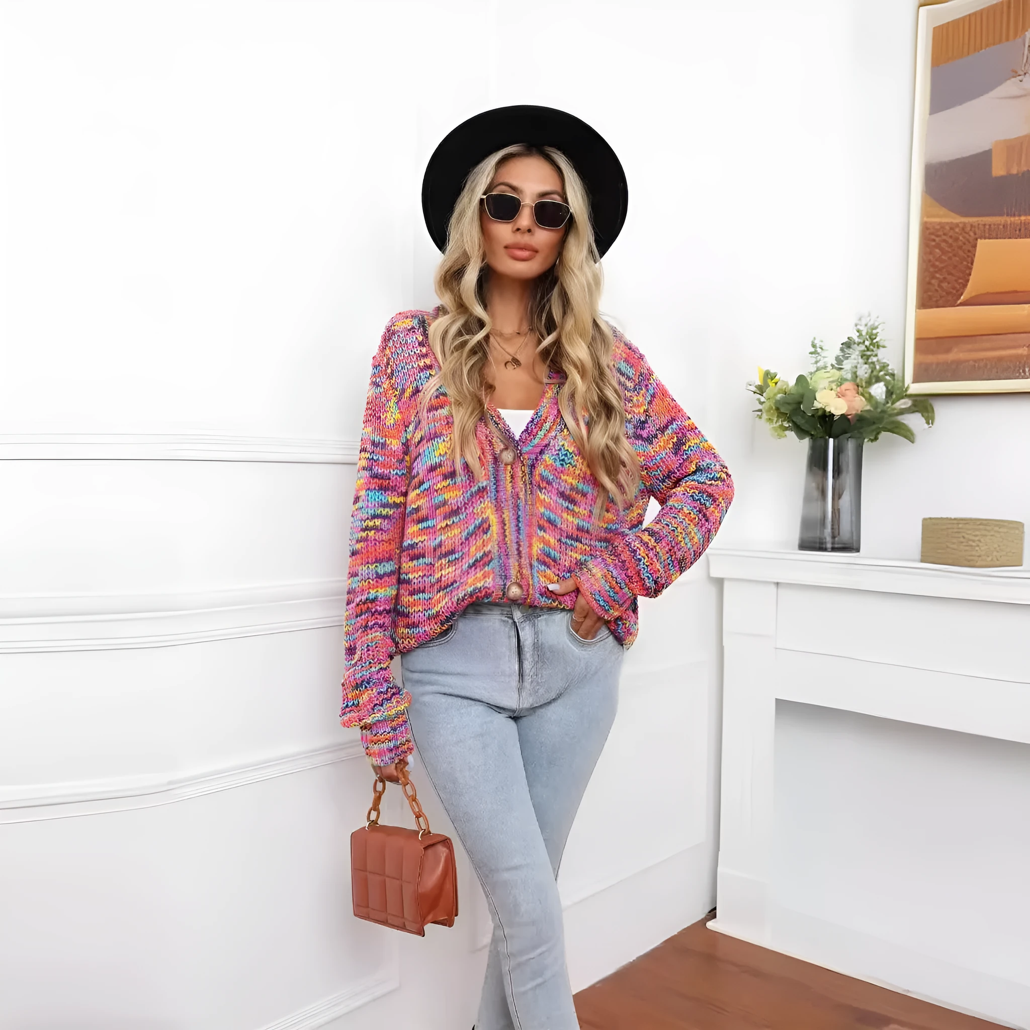 Rose red rainbow striped loose cardigan knitted coat shown on model