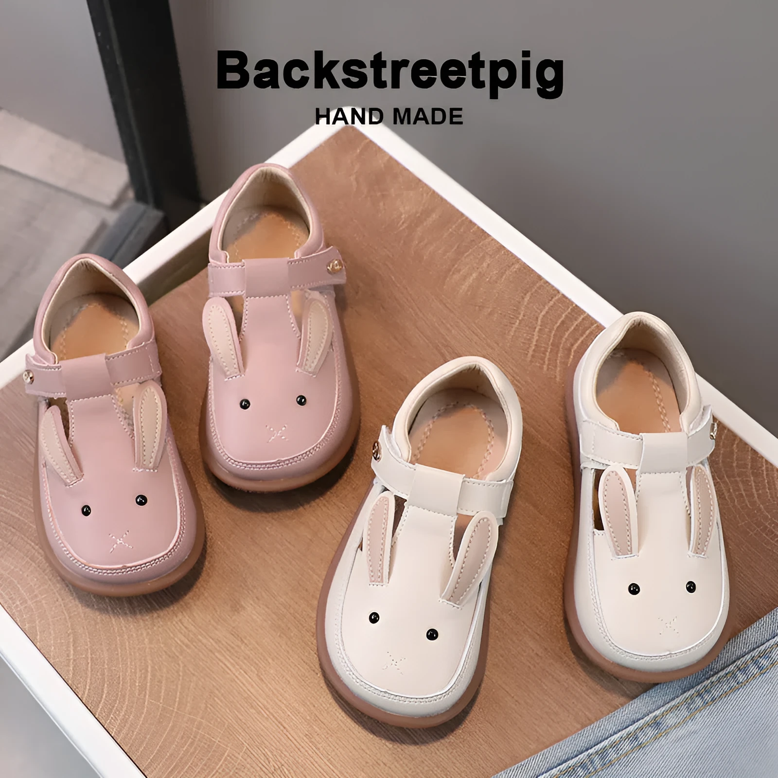 Children's small leather shoes non-slip soft bottom girl princess cartoon, pink or ivory white, low-top, Velcro fastening