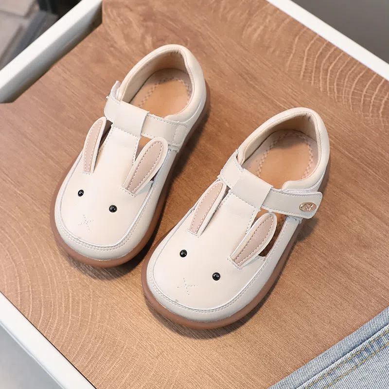 Children's small leather shoes non-slip soft bottom girl princess cartoon, pink or ivory white, low-top, Velcro fastening