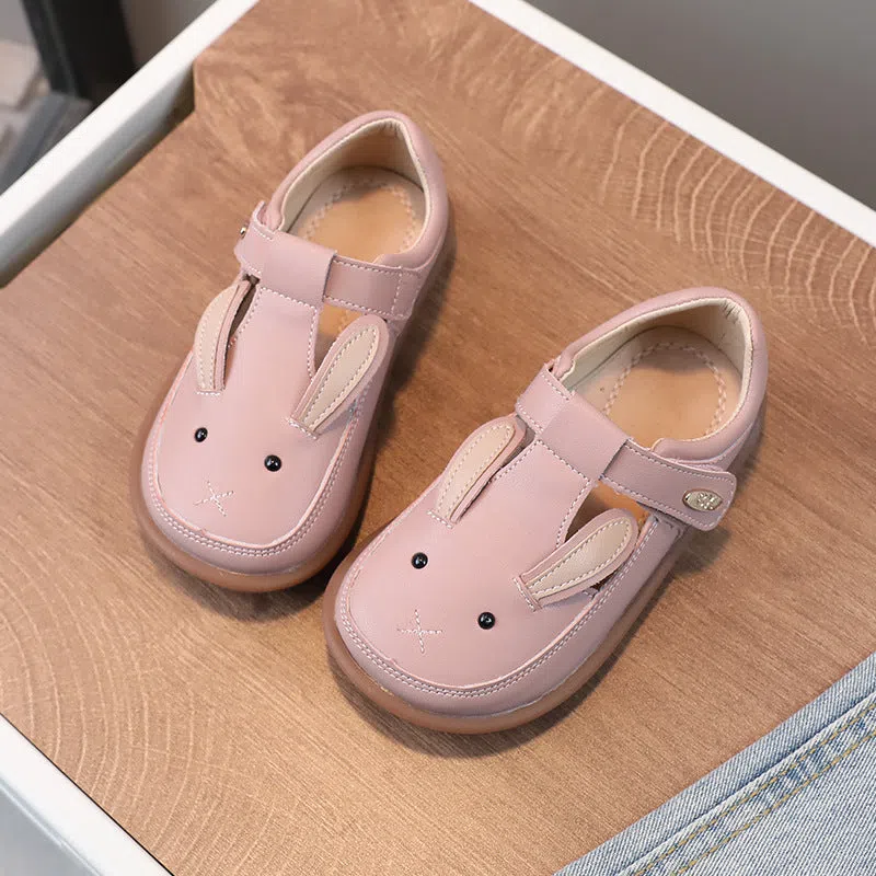 Children's small leather shoes non-slip soft bottom girl princess cartoon, pink or ivory white, low-top, Velcro fastening