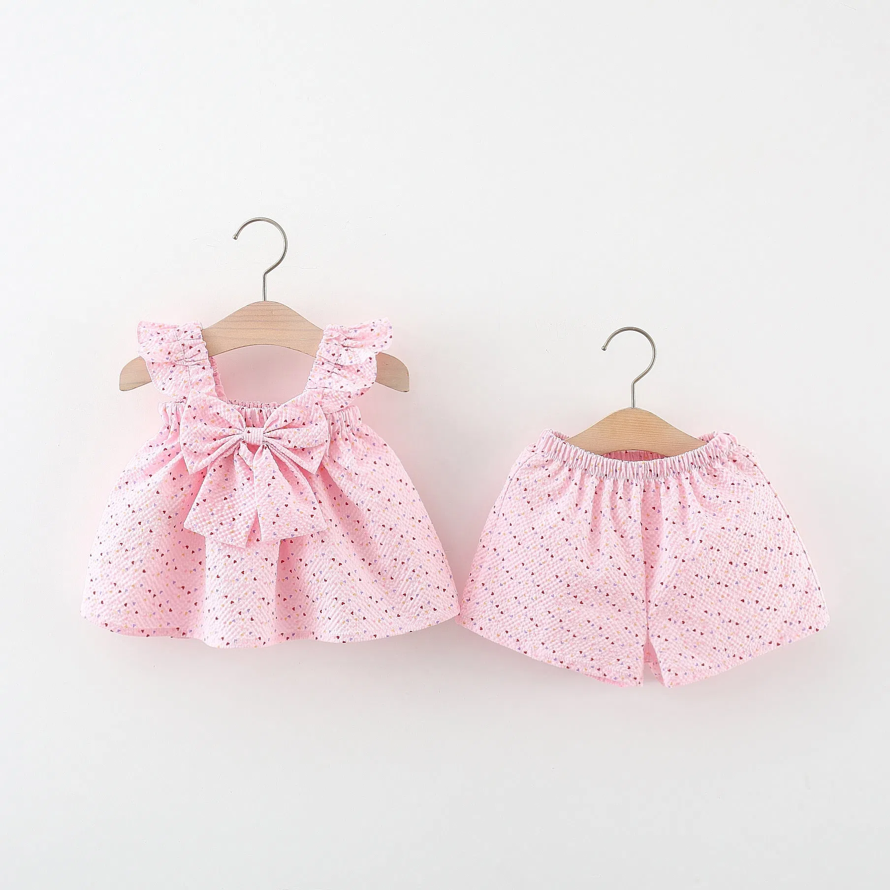 Baby girls cotton bowknot flying sleeve top and shorts set in pink, suitable for 73-100cm height