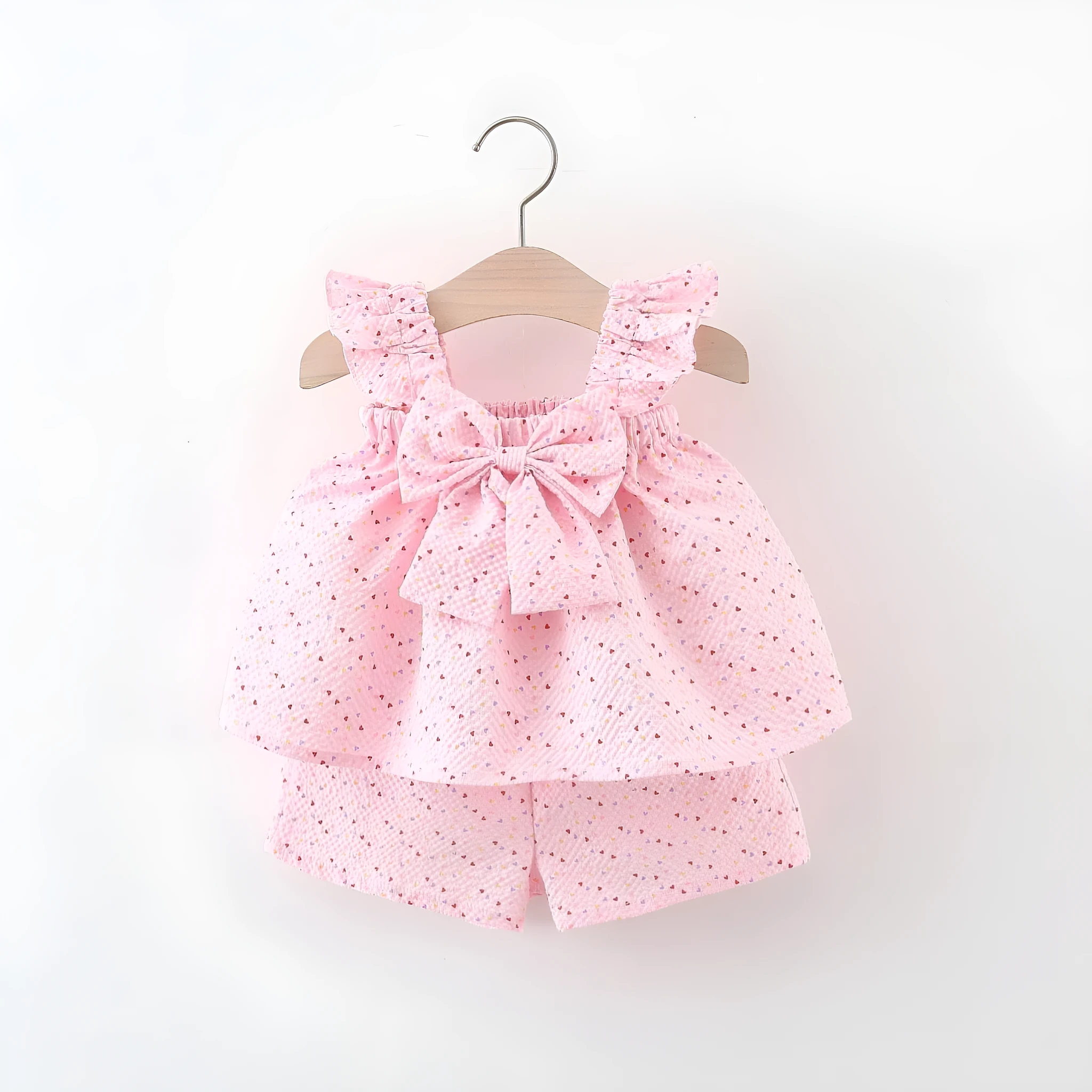 Baby girls cotton bowknot flying sleeve top and shorts set in pink, suitable for 73-100cm height