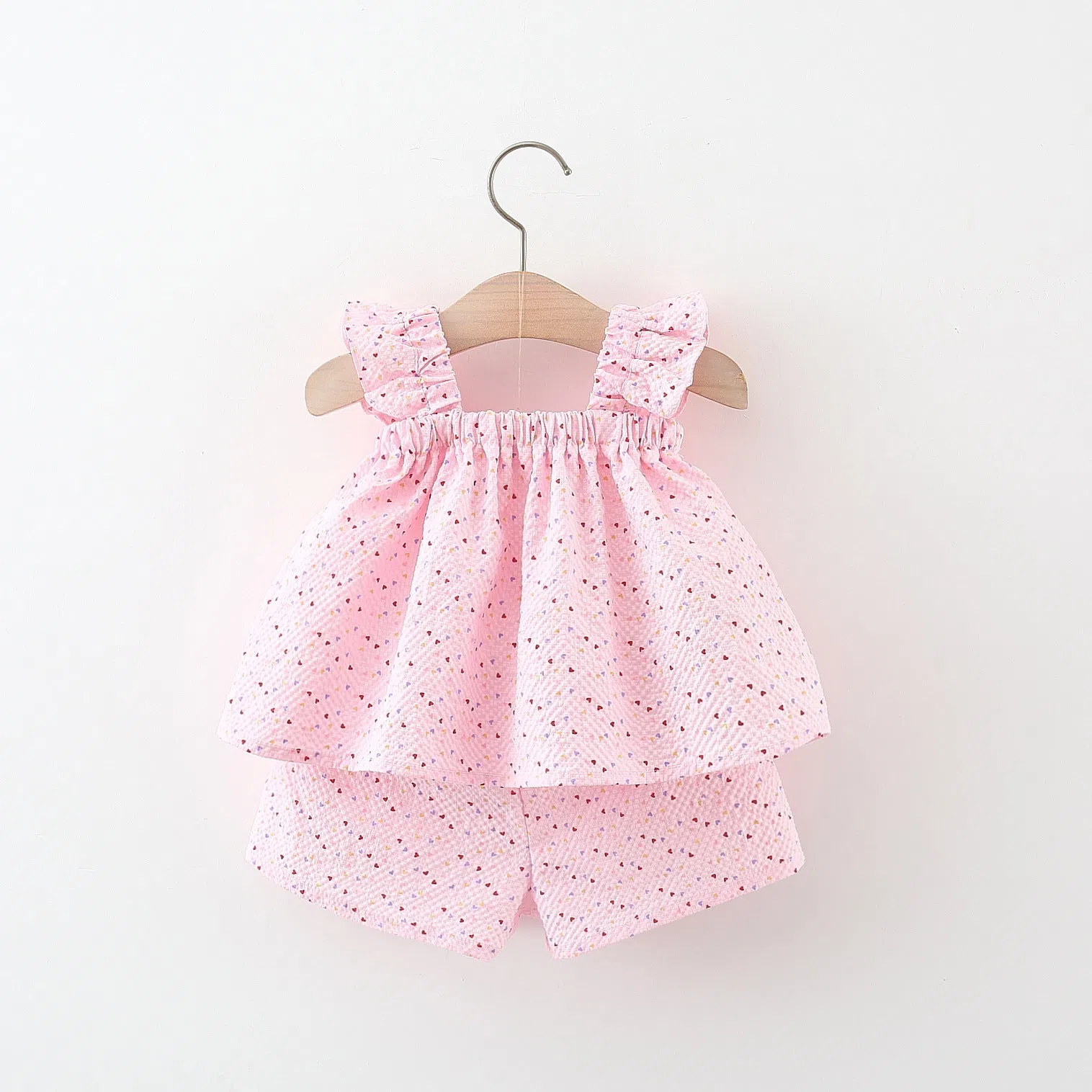 Baby girls cotton bowknot flying sleeve top and shorts set in pink, suitable for 73-100cm height