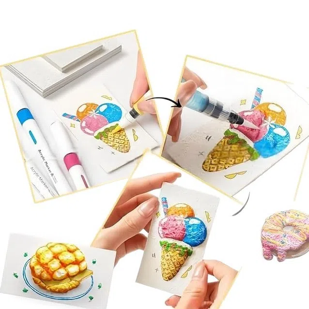 DIY brush set with foam grained paper, 12 marker pens, three fountain pens, beads, chain, and mini easel on a table