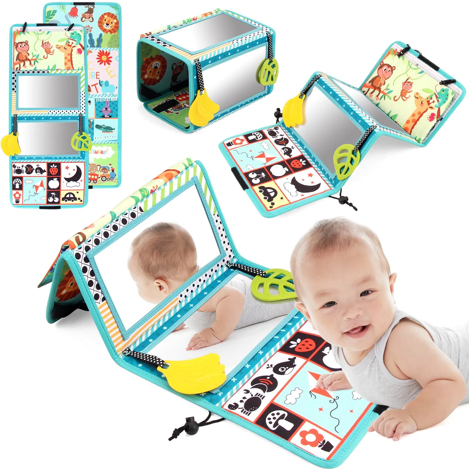 Four folding baby mirror cloth book with mirror pendant for infant sensory development 0-3 years
