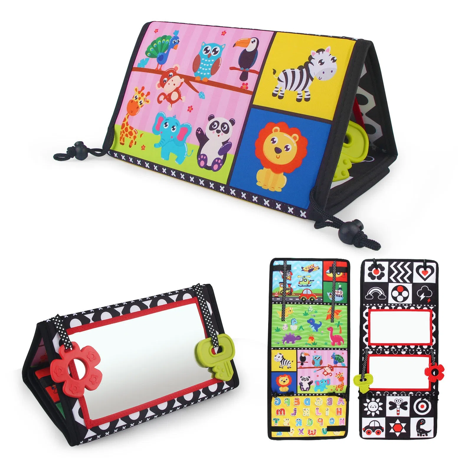 Four folding baby mirror cloth book with mirror pendant for infant sensory development 0-3 years