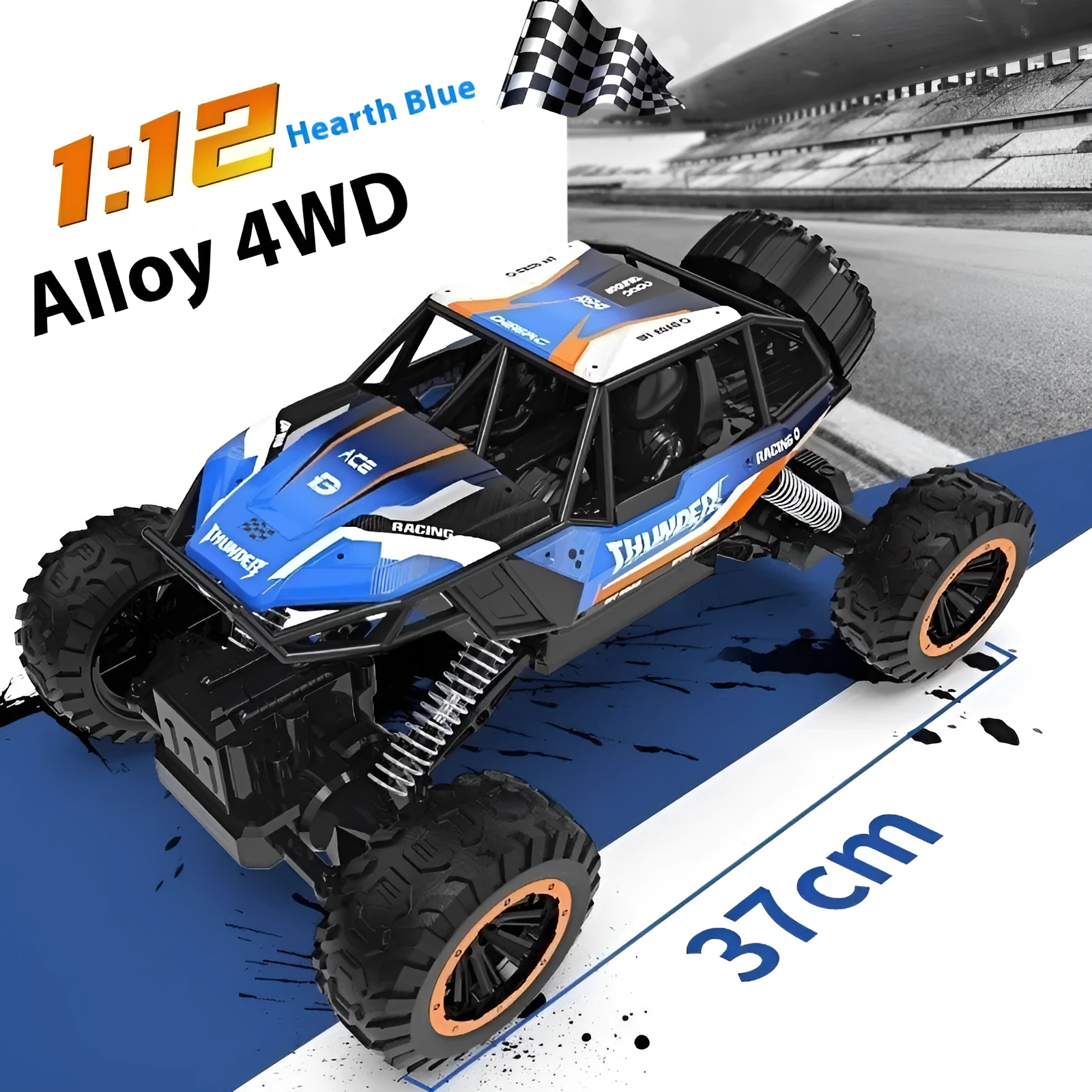 Children's remote control off-road model car in fire blue with four-wheel drive and rechargeable battery