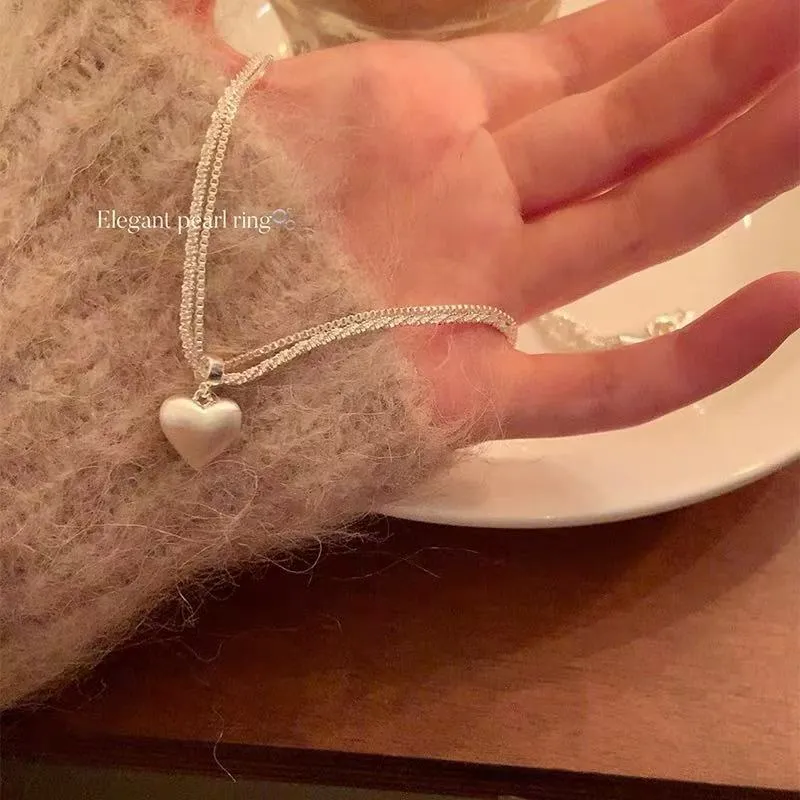 Double layer brushed heart pendant necklace in white copper plated thick silver with adjustable 41-50cm chain