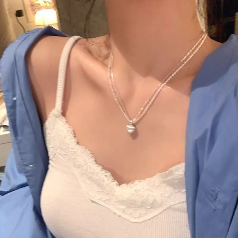 Double layer brushed heart pendant necklace in white copper plated thick silver with adjustable 41-50cm chain
