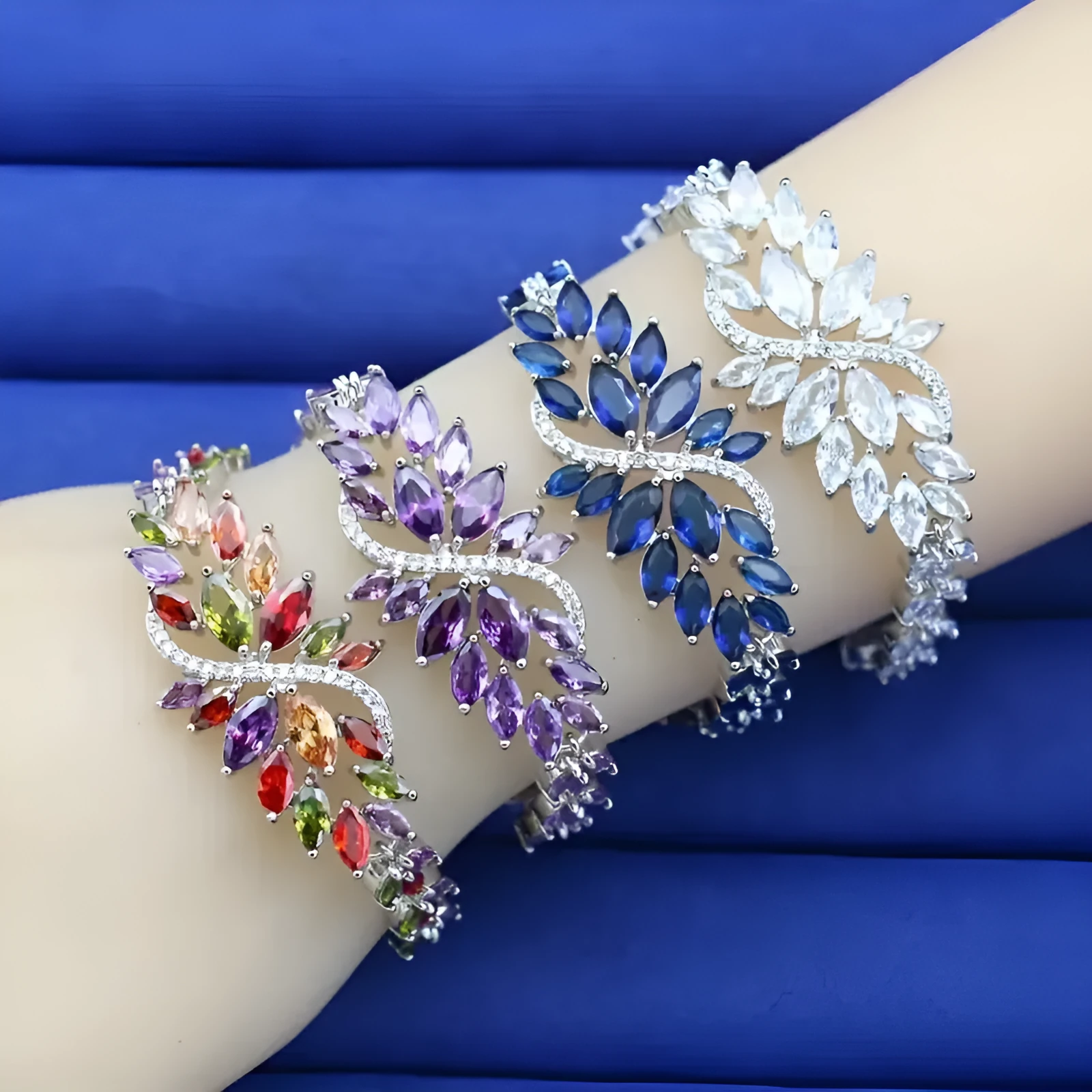 Gold electroplated copper bracelet with ice flower pattern and colourful zircon stones