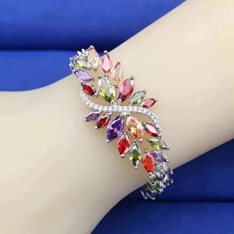 Gold electroplated copper bracelet with ice flower pattern and colourful zircon stones