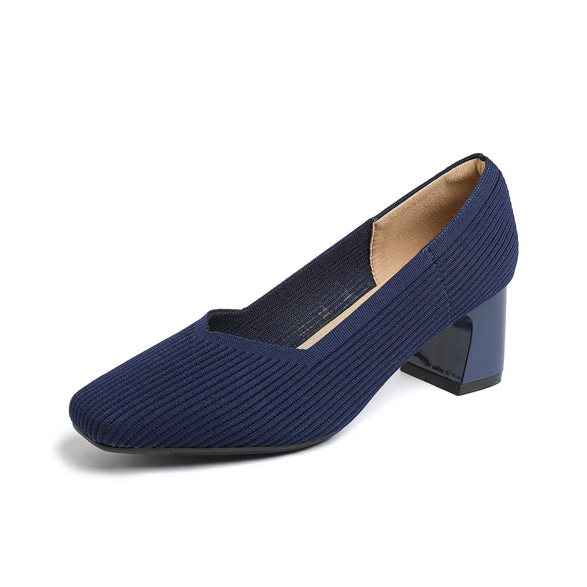 Women's thick heel stiletto knitted shoes in black, side view, square toe, mid-block heel
