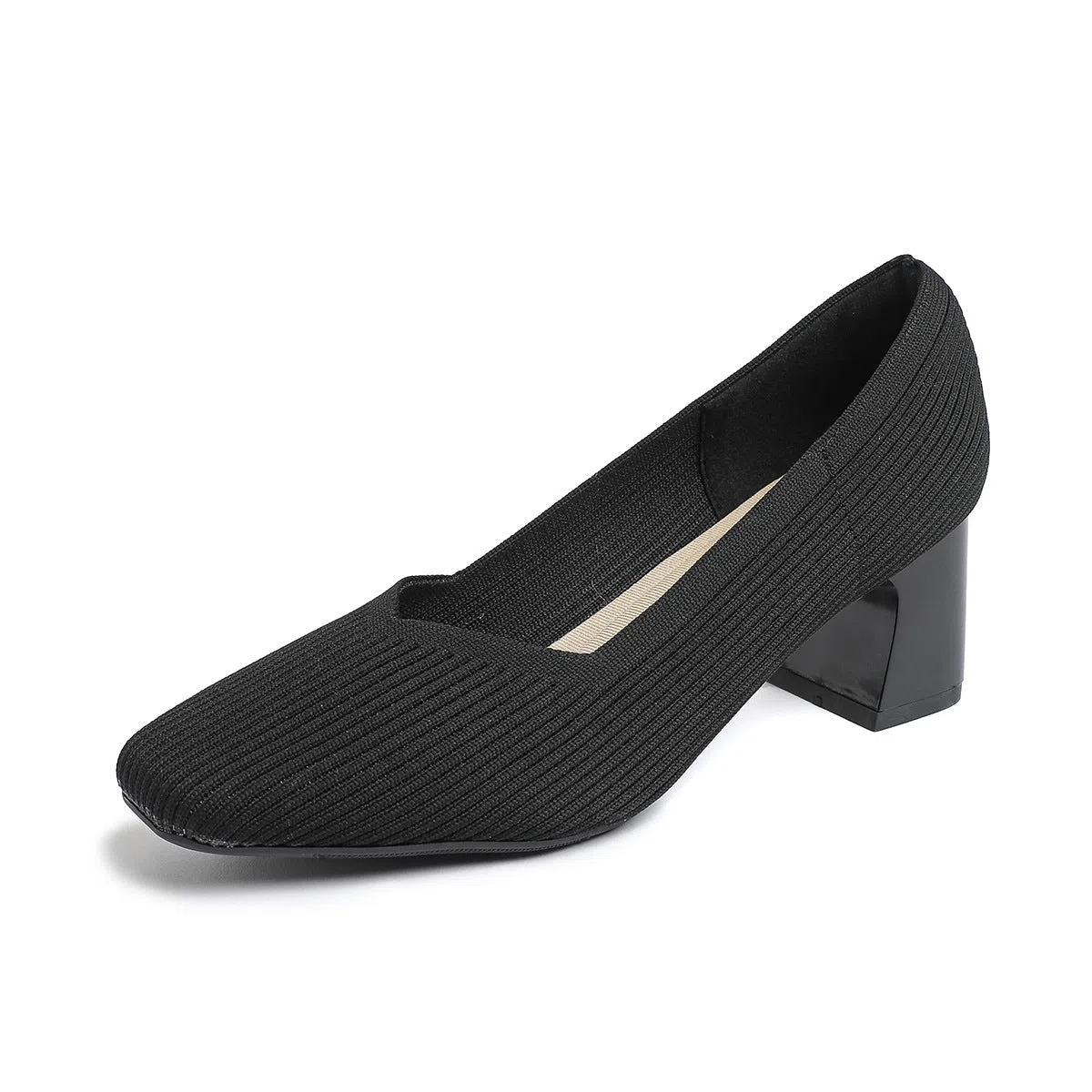 Women's thick heel stiletto knitted shoes in black, side view, square toe, mid-block heel