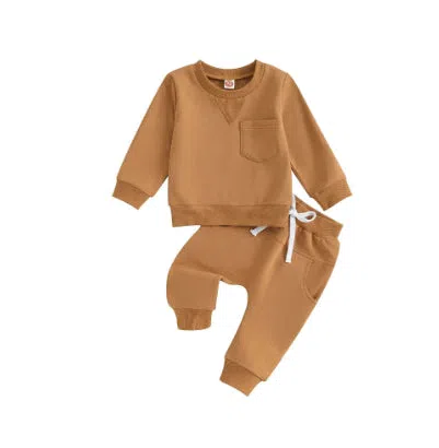 Baby boy wearing dark brown letter print cotton top and trousers suit