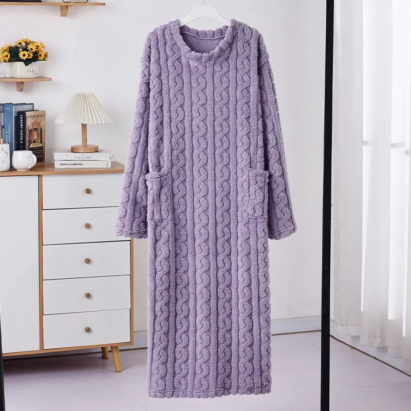 Thickened warm women's extra-long loose long-sleeved polyester pajamas in brown for winter